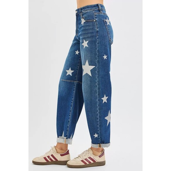 RISEN Mid Rise Ankle Length Relaxed Barrel Star Printed Jeans - Picture 5 of 6